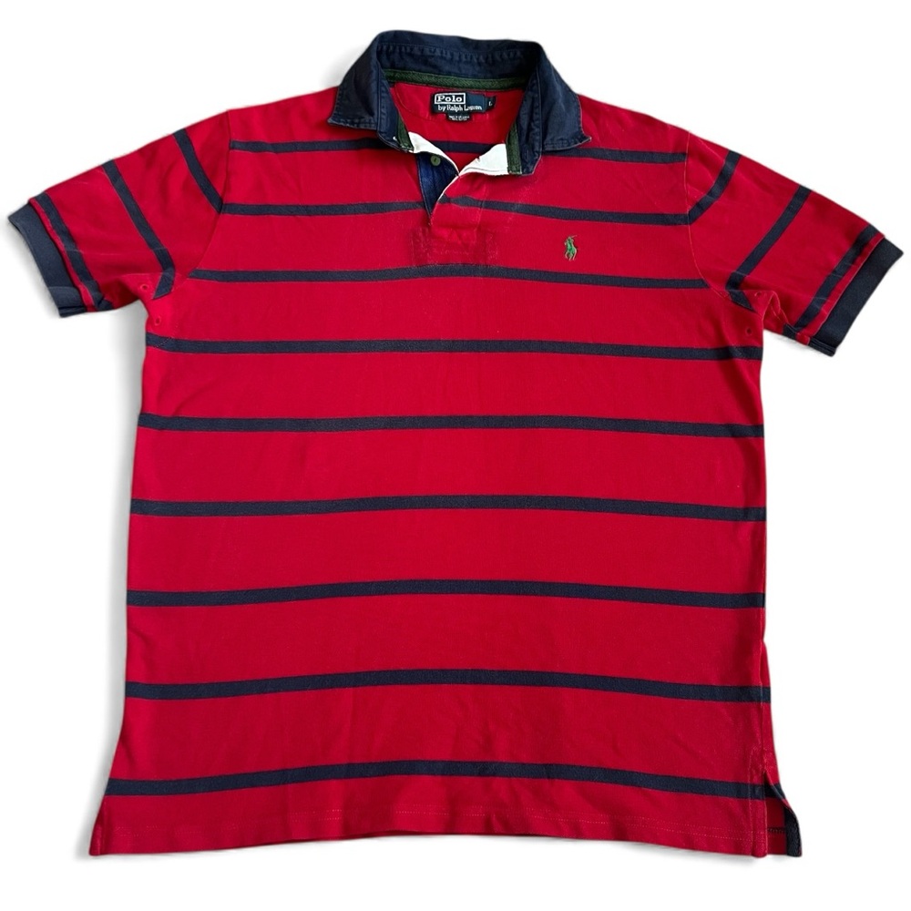 Vintage Polo Ralph Lauren Men’s Polo Shirt Sz L Red Blue Striped Cotton Pique